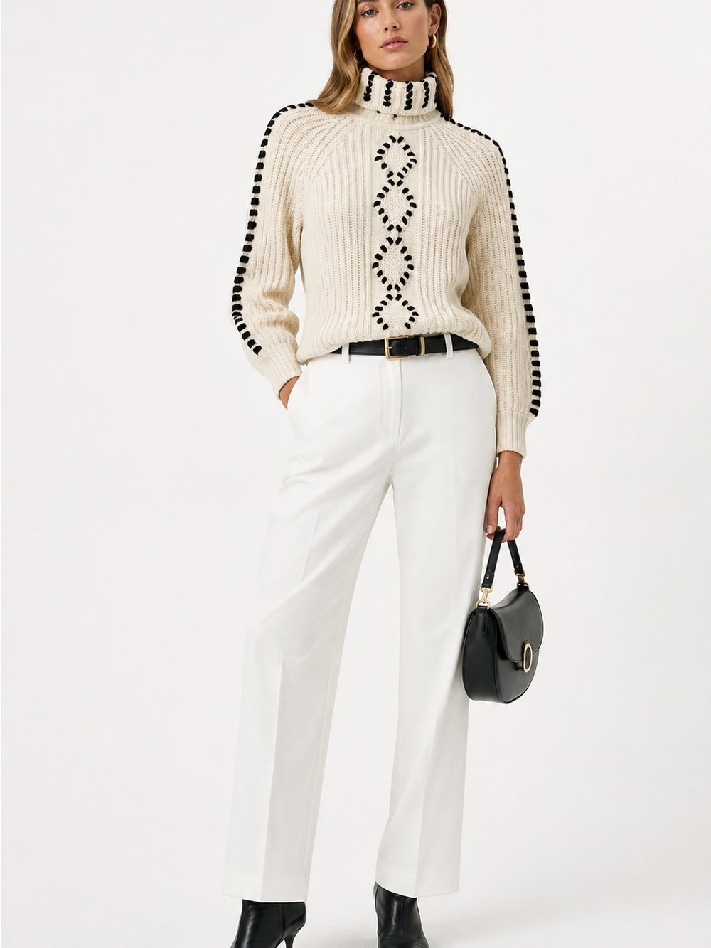 INTERMIX Cream Wool Cashmere Cable Knit Turtleneck Sweater Black Trim Chic Cozy